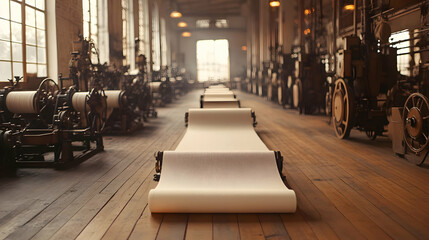 Poster - A spacious industrial setting with rolling paper on wooden floors and machinery in the background.