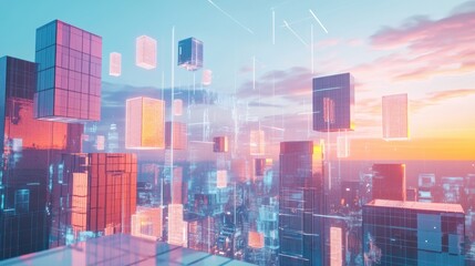 Poster - A futuristic block-building scene with holographic building blocks in a digital playground, Digital playground style, photo of