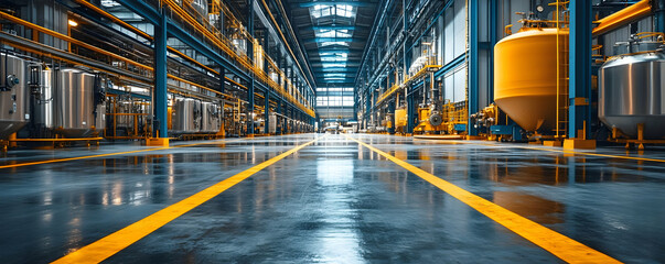 Poster - A spacious industrial facility with large storage tanks and polished floors.