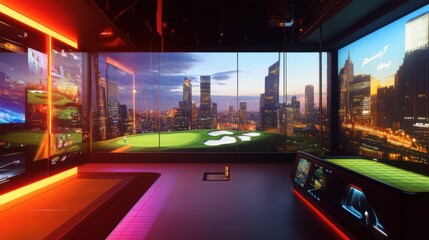 Poster - A futuristic golf simulator room overlooking a digital skyline, Virtual fairways on interactive screens, Cyberpunk luxury style