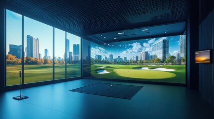 Poster - A futuristic golf simulator room with immersive virtual fairways, Cityscape views on digital screens, High-tech gaming style