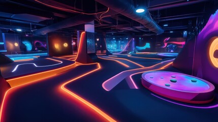 Poster - A futuristic mini-golf course with holographic obstacles, High-tech course layout with virtual reality elements, Futuristic gaming style