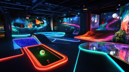 Poster - A futuristic mini-golf course with holographic obstacles, High-tech course layout with virtual reality elements, Futuristic gaming style