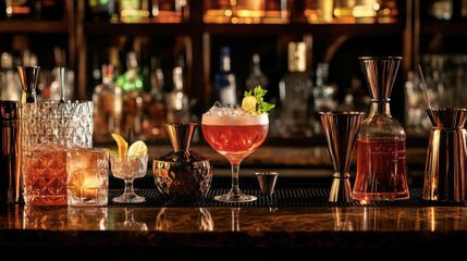 Poster - A lively cocktail bar with mixology tools and spirits, Bar counter set for a creative mixology session, Mixologist style
