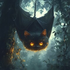 Wall Mural - Glowing-eyed bat creature hangs in dark forest.