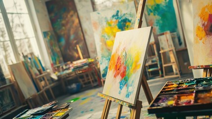 Aufkleber - A lively painting atelier adorned with easels and colorful canvases, Paintbrushes and palettes scattered with vibrant pigments, Contemporary artistic style