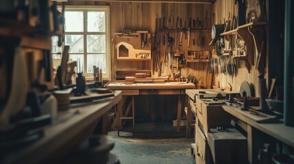 Aufkleber - A meticulous woodworking workshop with tools neatly arranged, Wooden creations in progress, Artistic workshop style