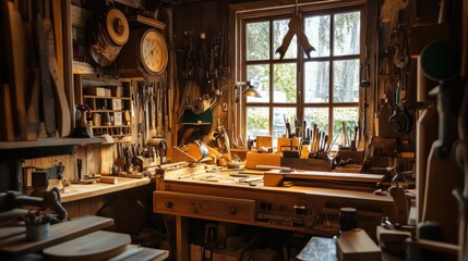 Aufkleber - A meticulous woodworking workshop with tools neatly arranged, Wooden creations in progress, Artistic workshop style