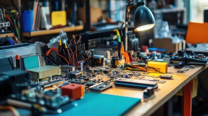 Aufkleber - A meticulously arranged home electronics tinkering lab, Circuit boards and soldering tools set for DIY projects, Tech enthusiast style