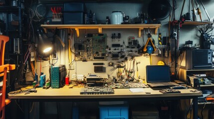 Aufkleber - A meticulously arranged home electronics tinkering lab, Circuit boards and soldering tools set for DIY projects, Tech enthusiast style