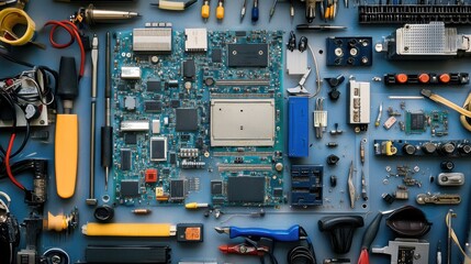 Aufkleber - A meticulously arranged home electronics tinkering lab, Circuit boards and soldering tools set for DIY projects, Tech enthusiast style