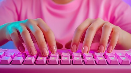 Poster - Hands Typing on a Pink Keyboard with Neon Glow in a Stylish Indoor Setting