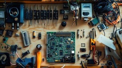 Aufkleber - A meticulously arranged home electronics tinkering lab, Circuit boards and soldering tools set for DIY projects, Tech enthusiast style