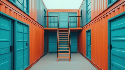 Wall Mural - A container housing complex with exposed staircases and walkways, showcasing modern architecture