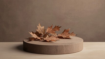 Poster - Dried oak leaves on a wooden pedestal against a brown background.