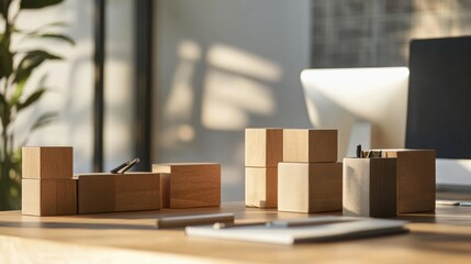 Poster - A minimalist office with blocks used for creative desk organization, Blocks arranged in functional patterns, Modern workspace style