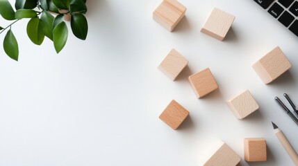 Poster - A minimalist office with blocks used for creative desk organization, Blocks arranged in functional patterns, Modern workspace style