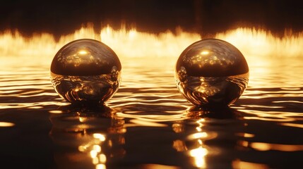 Wall Mural - Two metallic spheres on fire-lit water.