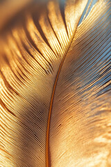 Wall Mural - close-up of a feather in shimmering metallic gold tones, emphasizing its intricate lines and natural curves, with a softly textured, radiant glow
