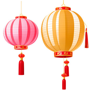 Colorful paper lanterns, Chinese festival decorations, Pink and cream colors, Hanging tassels, Minimalist illustration style, Flat design, Clean background