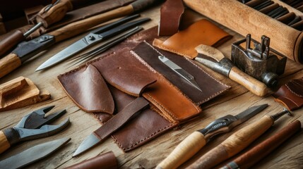 Poster - A neatly arranged leatherworking workshop, Tools and leather pieces prepared for crafting, Artisanal craftsmanship style