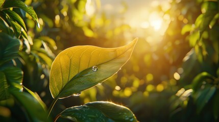 Poster - Sunrise illuminating single leaf with dewdrop.