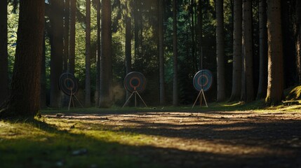 Poster - A peaceful archery range amidst a secluded forest clearing, Archery equipment neatly set up, Naturalistic photographic style