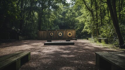 Poster - A peaceful archery range amidst a secluded forest clearing, Archery equipment neatly set up, Naturalistic photographic style