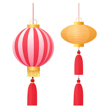 Colorful paper lanterns, Chinese festival decorations, Pink and cream colors, Hanging tassels, Minimalist illustration style, Flat design, Clean background