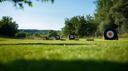 Poster - A peaceful archery range with archery equipment and targets, Archery equipment set up on a manicured field, Archery sport style