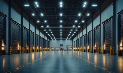 Poster - A spacious industrial warehouse with bright lighting and organized storage areas.