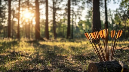Poster - A peaceful archery setup amidst a forest clearing, Bow and arrows set in perfect alignment, Nature-inspired rustic style