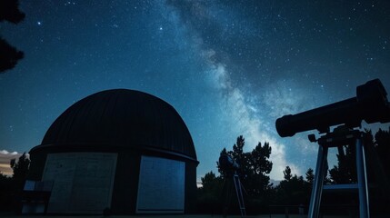 Poster - A peaceful astronomy observatory with telescopes and star charts, Telescopes aligned under a clear night sky, Astronomical observatory style