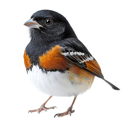 Front view full body shot of an extremely perfect looking single Eastern Towhee bird isolated on a white transparent background