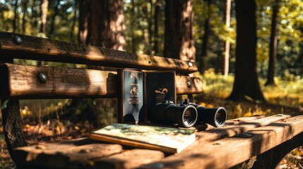 Poster - A peaceful birdwatching session in a secluded forest, Binoculars and field guide laid out on a wooden bench, Naturalist style