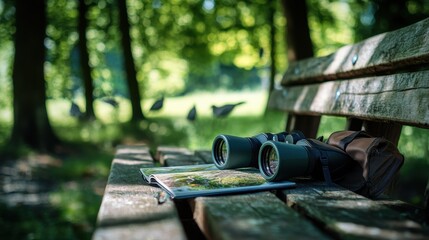Poster - A peaceful birdwatching session in a secluded forest, Binoculars and field guide laid out on a wooden bench, Naturalist style