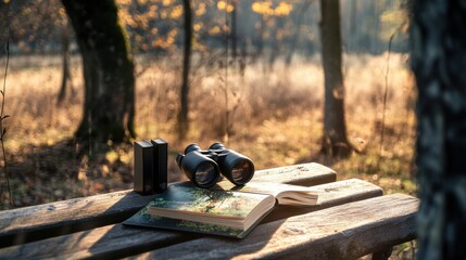 Poster - A peaceful birdwatching session in a secluded forest, Binoculars and field guide laid out on a wooden bench, Naturalist style