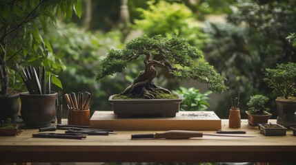 Aufkleber - A peaceful bonsai workshop with pruning tools and miniature trees, Bonsai tools arranged around a workbench, Zen workshop style