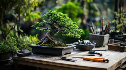 Aufkleber - A peaceful bonsai workshop with pruning tools and miniature trees, Bonsai tools arranged around a workbench, Zen workshop style