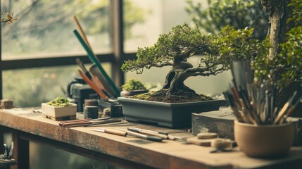 Aufkleber - A peaceful bonsai workshop with pruning tools and miniature trees, Bonsai tools arranged around a workbench, Zen workshop style