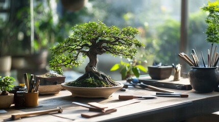 Aufkleber - A peaceful bonsai workshop with pruning tools and miniature trees, Bonsai tools arranged around a workbench, Zen workshop style