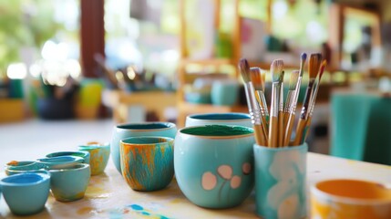 Aufkleber - A peaceful ceramics painting class with ceramic paints and pottery, Painting tools organized in a bright classroom setting, Artistic classroom style