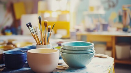Aufkleber - A peaceful ceramics painting workshop with ceramic paints and pottery, Painting tools organized in a bright workshop setting, Artistic workshop style