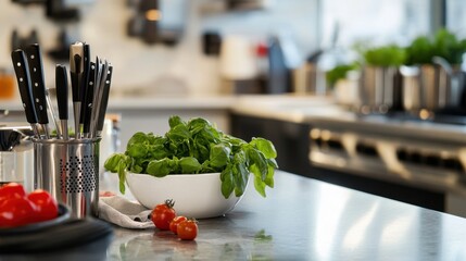 Aufkleber - A peaceful culinary workshop with cooking tools and fresh ingredients, Cooking tools organized in a modern kitchen setting, Gourmet kitchen style