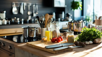 Poster - A peaceful culinary workshop with cooking tools and fresh ingredients, Cooking tools organized in a modern kitchen setting, Gourmet kitchen style
