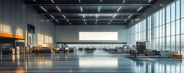 Poster - A spacious modern office interior with large windows and minimalist design.