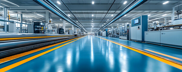 Poster - A spacious industrial facility with clean floors and machinery for manufacturing processes.