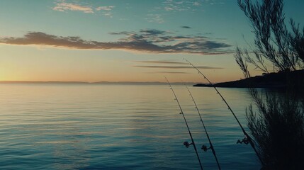 Poster - A peaceful sea fishing spot at sunrise, Fishing rods silhouetted against a tranquil morning sky, Sunrise serenity style