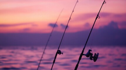 Poster - A peaceful sea fishing spot at twilight, Fishing rods silhouetted against a serene evening sky, Twilight serenity style
