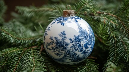 Blue and White Porcelain Christmas Ornament Hanging on Tree